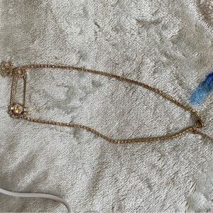 Gold Necklace with Safety Pin and Crystal Accents